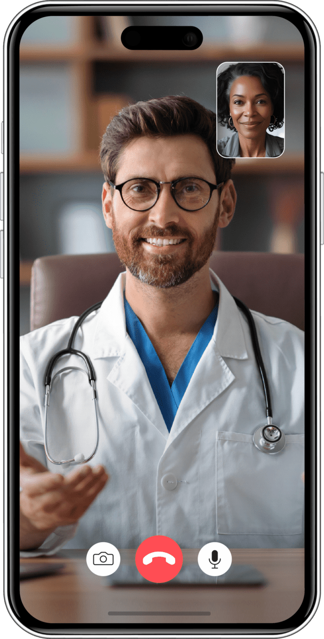 Smartphone mockup of a telehealth call between a male doctor on the main screen and a patient, whose face appears in the upper right corner of the screen
