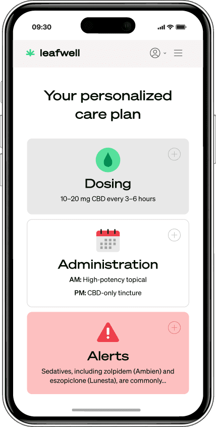 Smartphone screen mockup of the Leafwell user platform showing a personalized care plan screen, including categories for dosing, administration, and medication interaction alerts