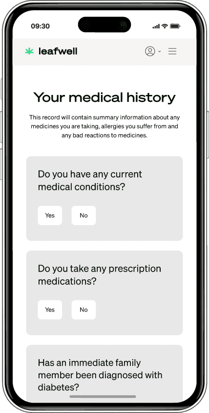 Smartphone screen mockup of the Leafwell user platform showing survey that asks for a person's medical history