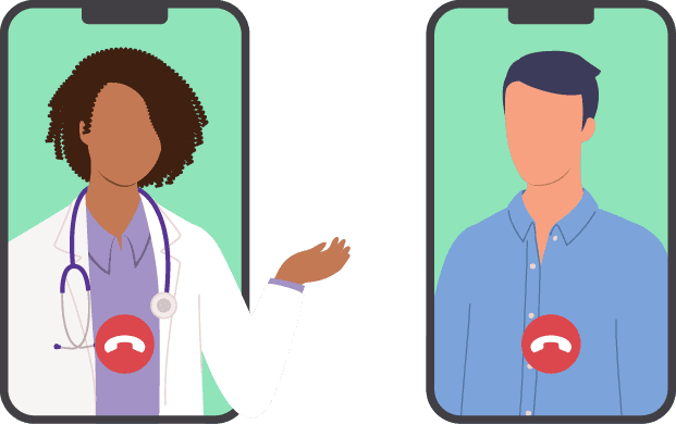 Illustration of two smartphones, one with a doctor and one with a patient, who are facing each other in a telemedicine appointment