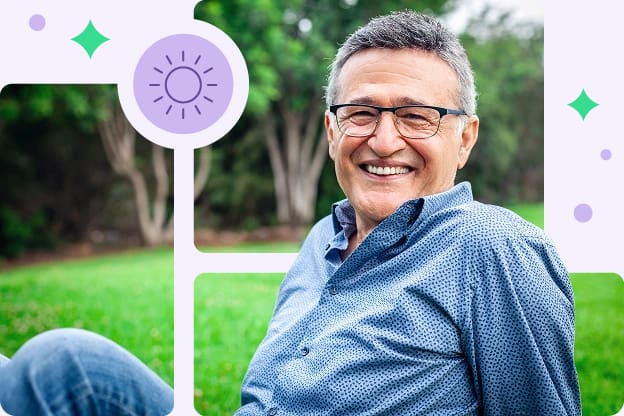 Photo-illustration of a man smiling and sitting upright on a grassy lawn outside, with a purple sun icon next to him, symbolizing lightness and happiness