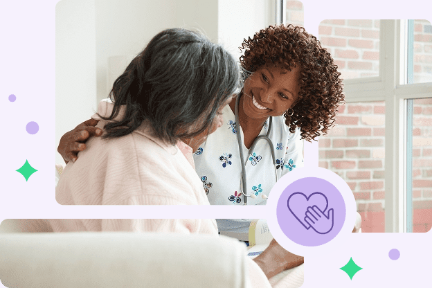 Photo-illustration of a nurse smiling at an older woman who is facing away from the camera, with a purple icon next to them showing a hand and a heart, symbolizing compassion and care