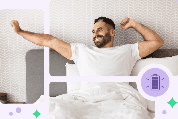 Photo-illustration of a man in bed stretching his arms up and out widely, with a purple icon next to him showing a fully charged battery, symbolizing being well-rested and energized